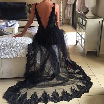 black lace see through prom dress