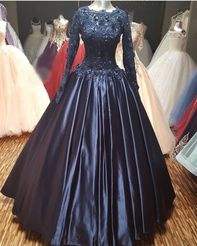 navy-blue-lace-long-sleeves-wedding-dresses-ball-gowns-on-luulla