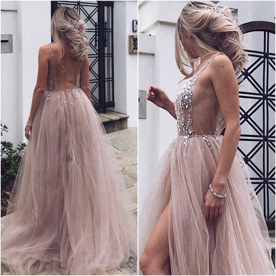 Sexy Backless Tulle Prom Dresses Long With Crystal Beaded Sheer Corset On Luulla