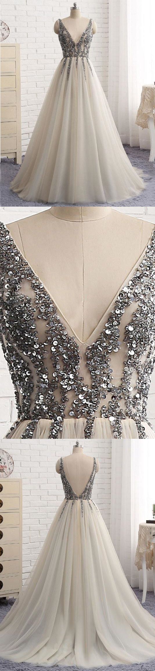 A Line V Neck Sequins Tulle Backless Prom Dress LBQ3952