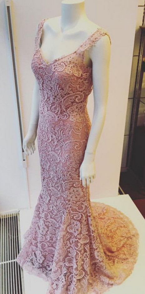 Elegant Pink Lace Prom Dress, V-neck Mermaid Prom Dresses,backless Evening Gowns on Luulla