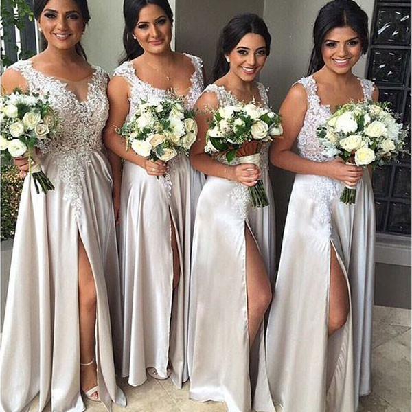 A-line Lace Appliqued Silver Satin Bridesmaid Dresses With Slit,long ...