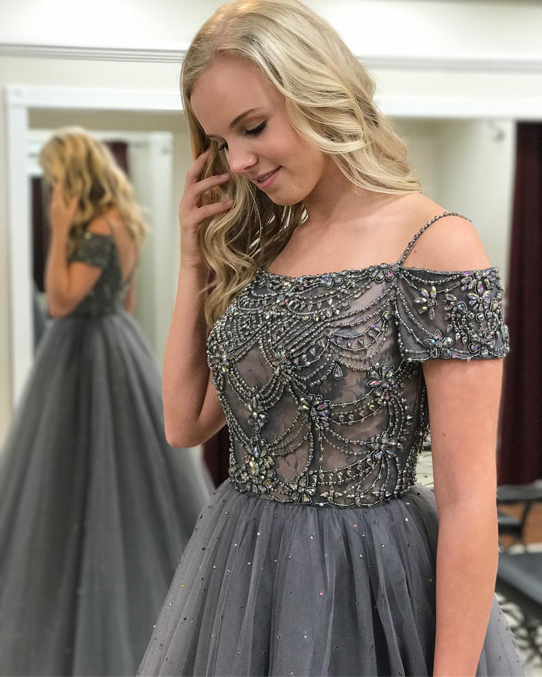 off the shoulder tulle ball gown