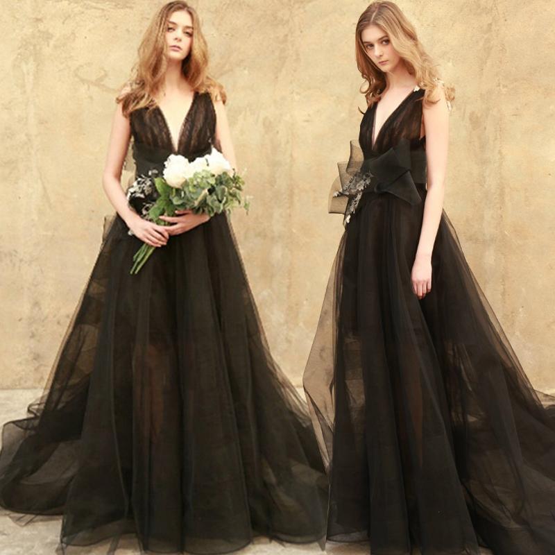 A Line Black V Neck Tulle Appliques Prom Dress LBQ4287 main image 1