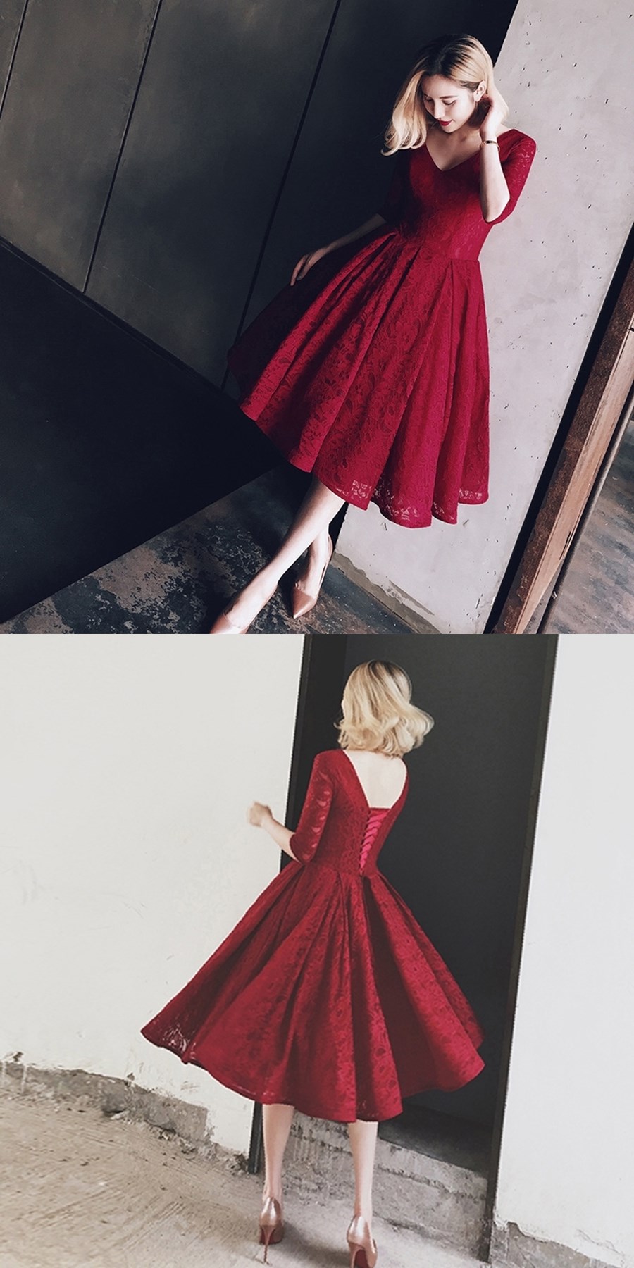 Vintage Burgundy Pleated Short A-Line Party Dress Cocktail Dress Homecoming Dress DP6498