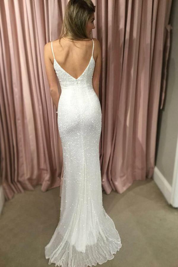 Spaghetti Straps V-Neck Layered Satin Confident And Glamorous Prom Dress with Slit