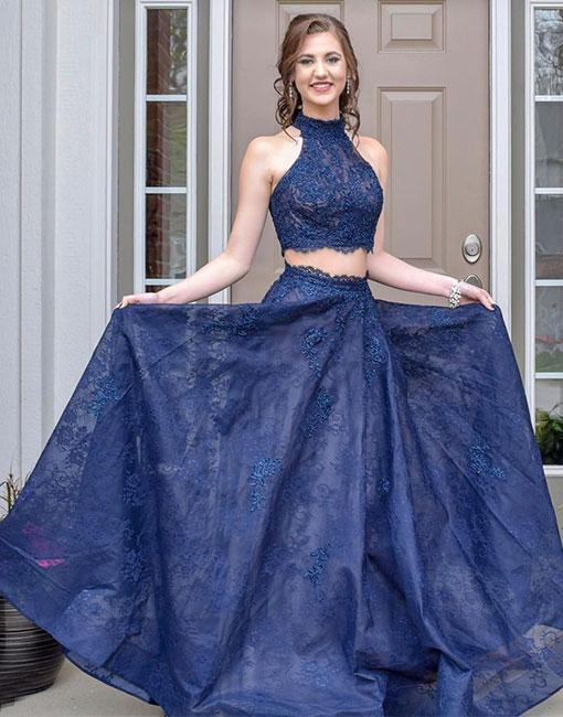 Blue Two Pieces Long Prom Dress, Lace Evening Dress on Luulla