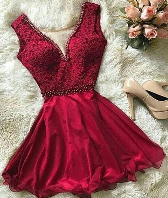 Simple burgundy chiffon short prom dress, Lace-Up back homecoming dress main image 1