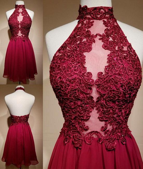 Vintage Burgundy Lace 3/4 Sleeves Short Prom Dress Formal 6th Grade Homecoming Dress