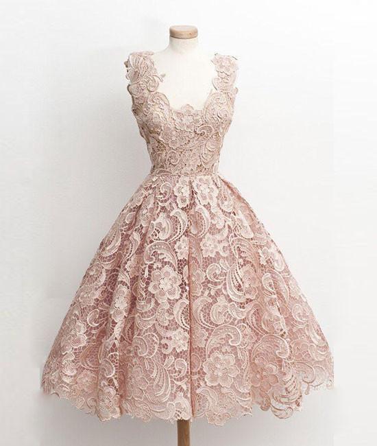 Cute Light Pink Lace Short Prom Dress, Lace Bridesmaid Dress on Luulla