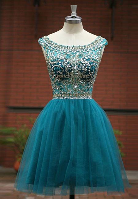 Green A -line Round Neck Tulle Short Prom Dress, Green Homecoming Dress ...