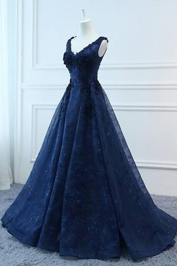 Navy Blue Lace V-neckline Open Back Evening Gown, Blue Floor Length Party Dress main image 1