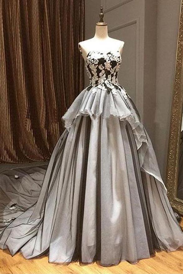 Strapless Black White Ball Gown Lace Appliques Chapel Train Prom ...