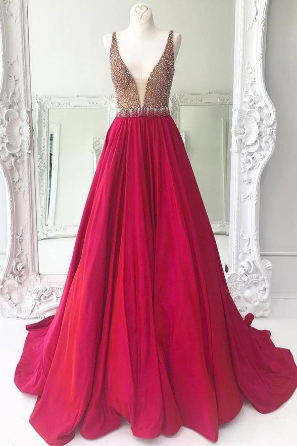 A Line Princess Real Picture Pink V Neck Beaded Prom Dresses Evening ...