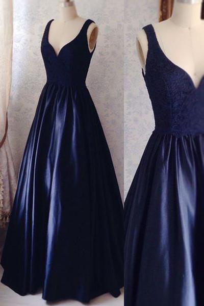 V Neck Off The Shoulder Dark Blue Lace Prom Dresses Evening Gowns ...