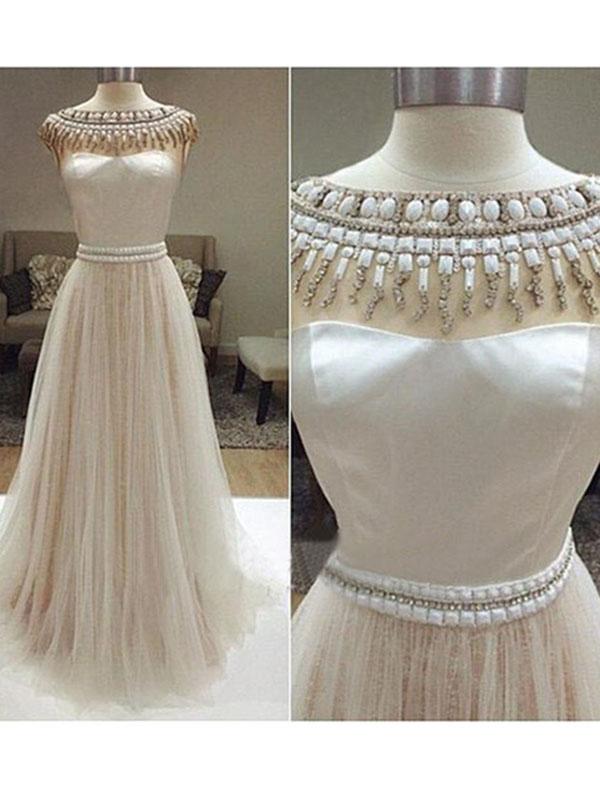 A-line Crew Floor-length Sleeveless Tulle Prom Dresses with Crystal Beads