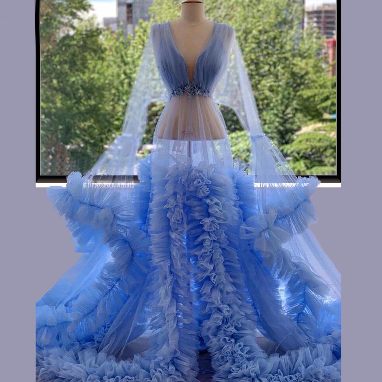 Blue Prom Dress, Sexy Evening Dress, Deep V Neck Prom Dress, Tulle ...