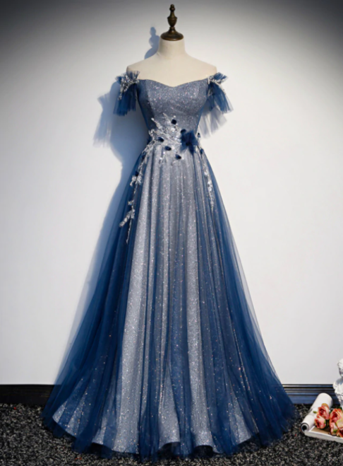 Off The Shoulder Bow Beading Blue Tulle Prom Dress