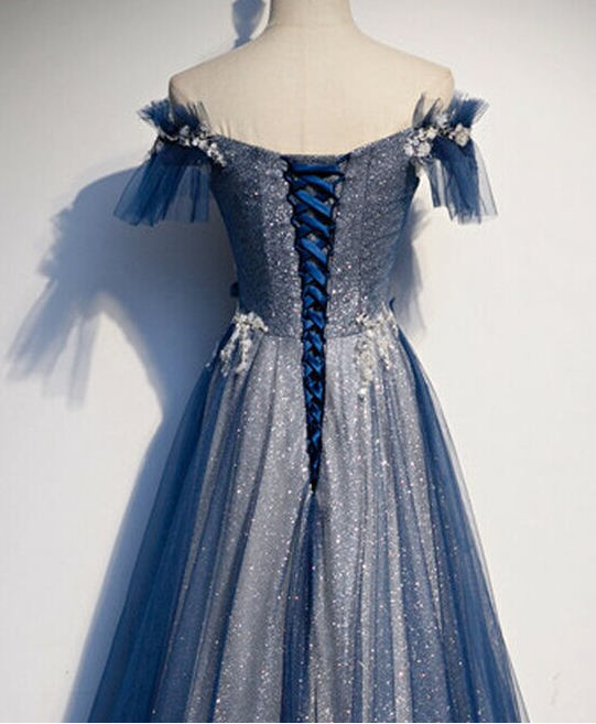 Two Piece Off Shoulder Tiered Blue Tulle Prom Dress with Sequins Beading LBQ0034 main image 1