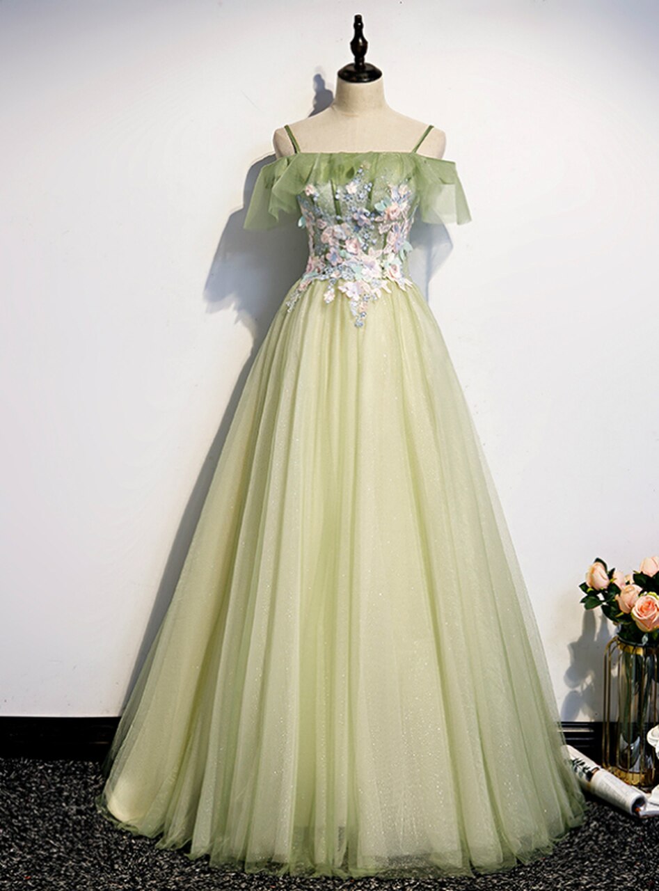 Beautiful Green Spaghetti Straps Tulle Lace Appliques Prom Dress Evening Gown Y7922 main image 0