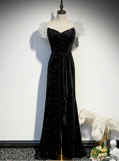 Black Velvet Puff Sleeve Pleats Prom Dress With Split,pl1113 on Luulla