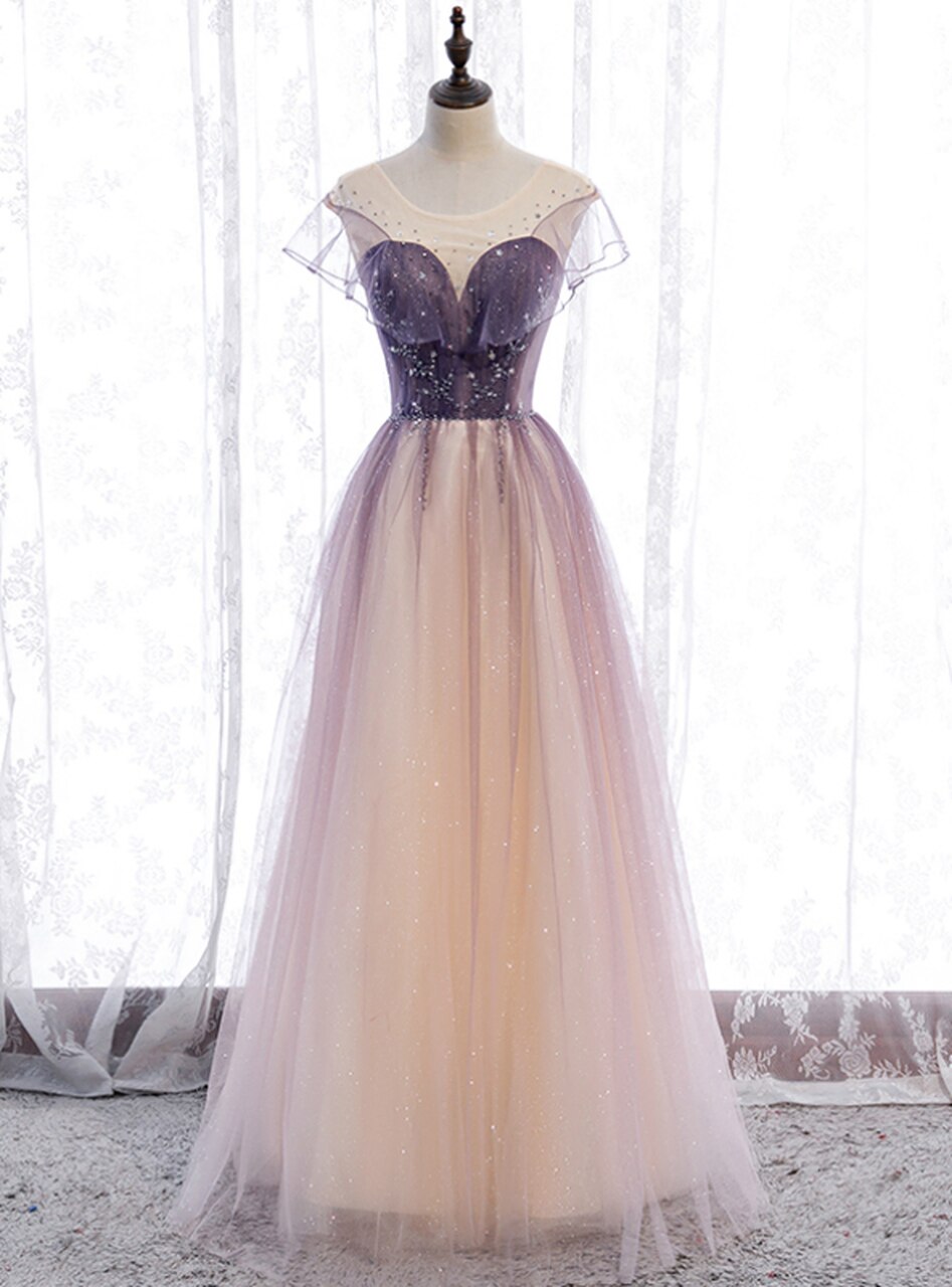 Purple Tulle Scoop Sleeve Beading Sequins Prom Dress,pl1221 on Luulla