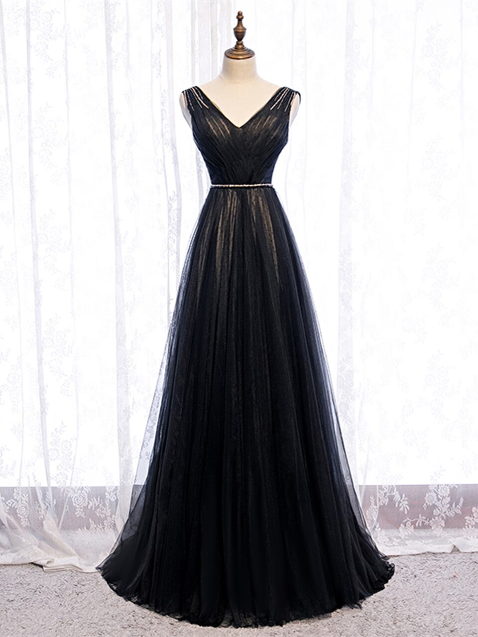 Black V Neck Tulle Pleats Beading Long Prom Dress,pl1300 on Luulla