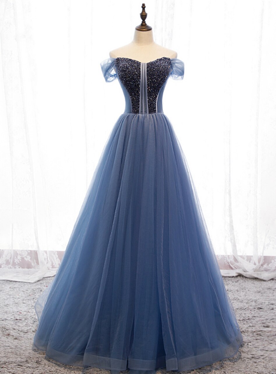 Off-the-shoulder Ruched Tulle A-line Dress Slate Blue