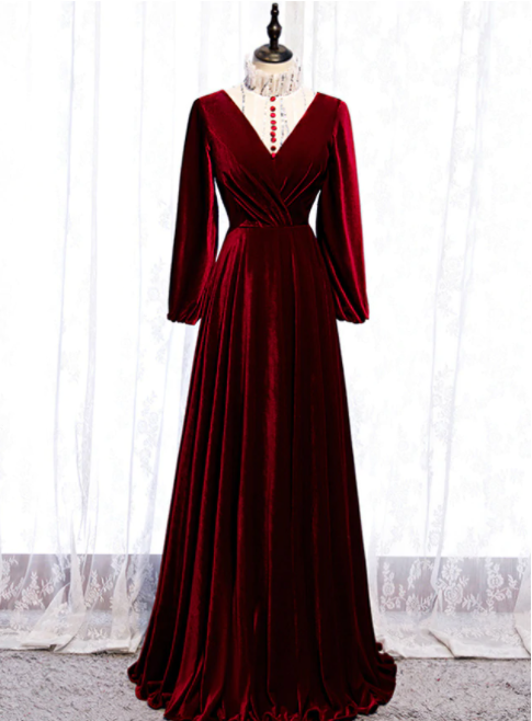 Long Sleeves Dark Burgundy Prom Dresses LBQ1135