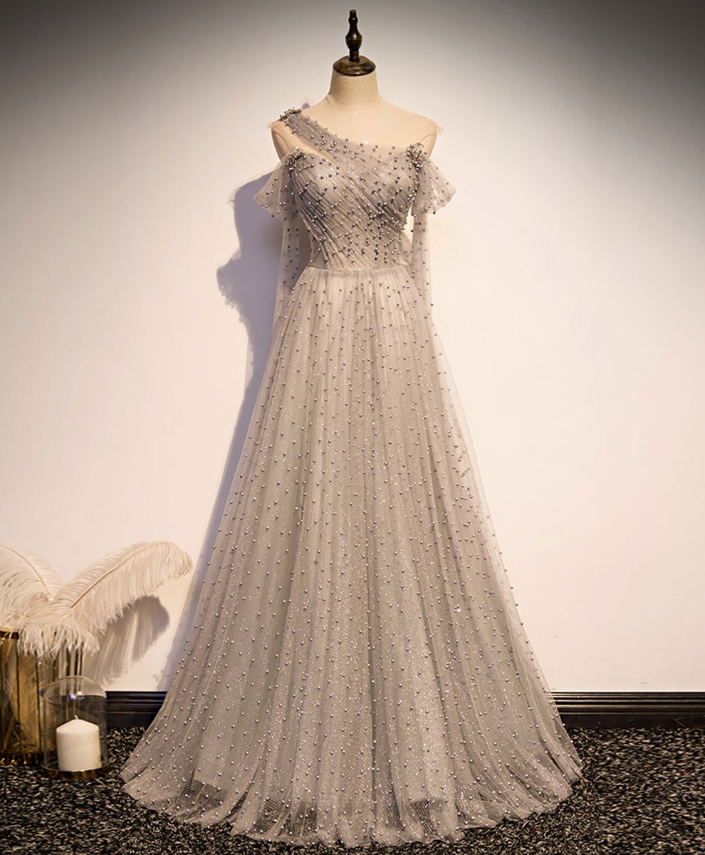 15681 Powder-Grey Embroidered Tulle Dress