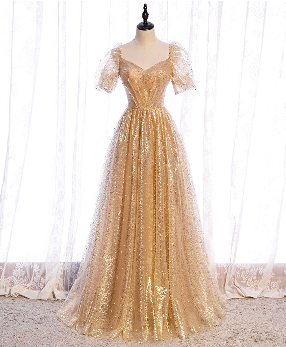 Gold Tulle Long Sleeve Backless Beading Formal Prom Dress