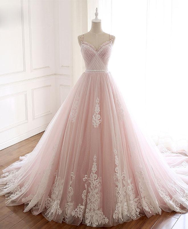 Pink Sweetheart Lace Tulle Long Prom Dress Lace Pink Evening Dress