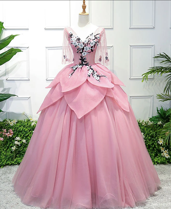 Pink V Neck Tulle Lace Applique Long Prom Dress Pink Evening Dress Pl1583 On Luulla