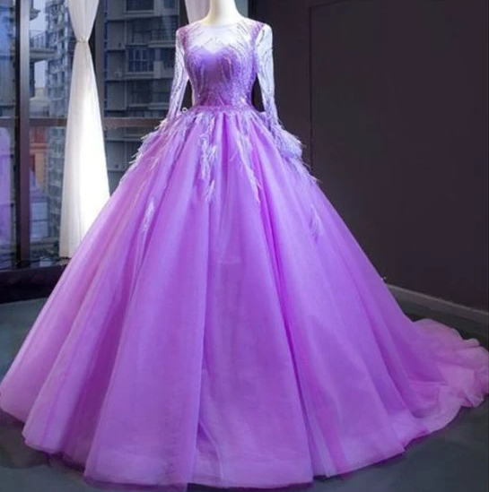 Purple Ball Gown Tulle Long Sleeve Beading Sequins Luxury Prom Dress 