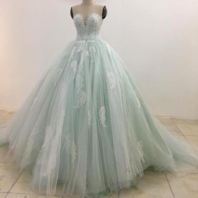 Mint Green Floral Lace Flutter Sleeve Ball Gown Wedding Dress With ...