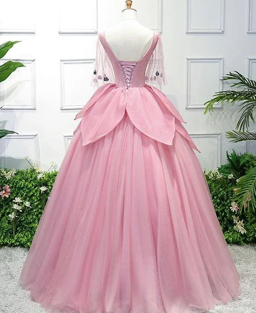 Pink Lace Cute Ball Gown Off Shoulder Sweet 16 Dress, Pink Tulle Prom Dress
