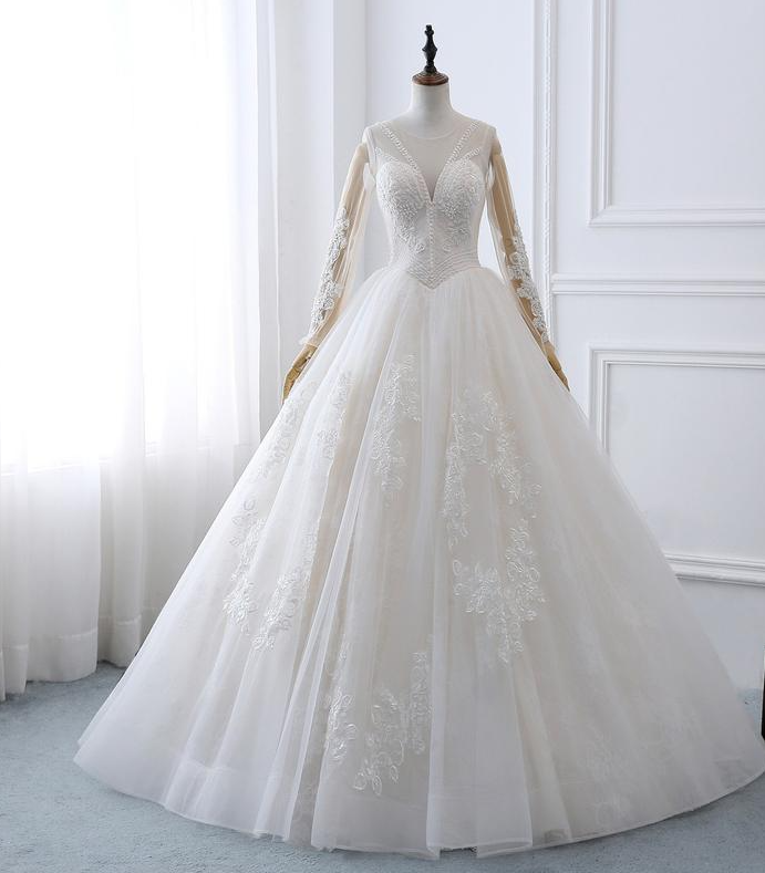 Wedding Dress Lace Embroidery Bridal Gown Floral V-neck Beaded Wedding ...