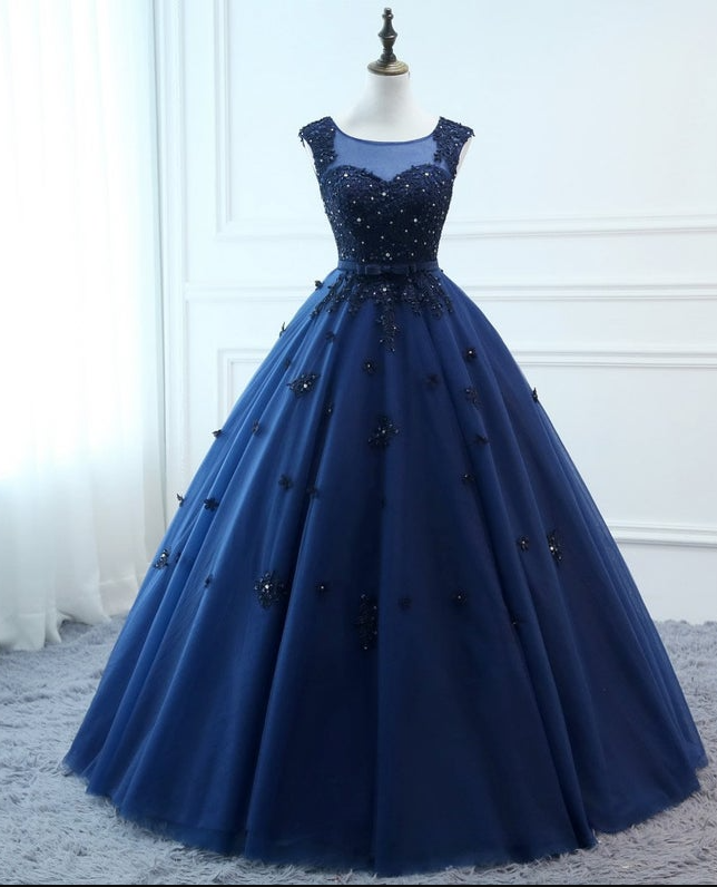 Prom Dresses Navy Blue Long Ball Gown Evening Dresses Backless Tulle ...