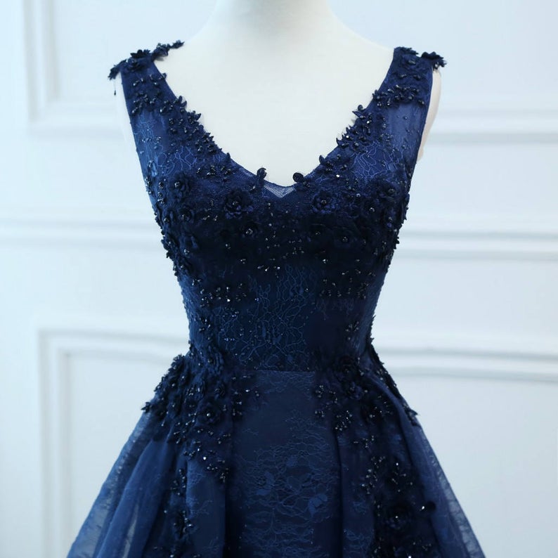 Prom Dresses Long Navy Blue Evening Dresses Foral Tulle Dress Women ...