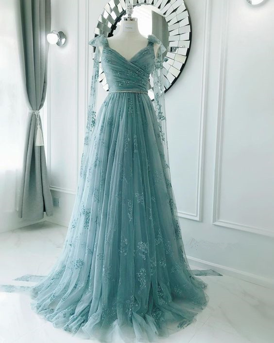 Blue Tulle Appliques Prom Dress Long Party Dress,DP1031