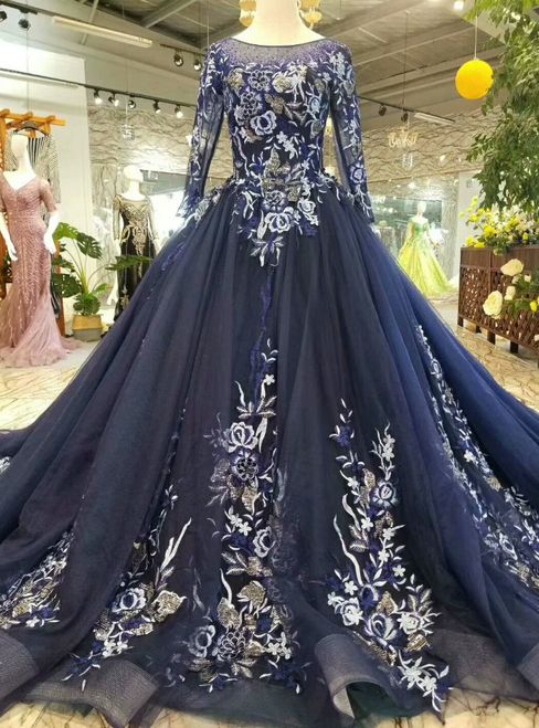 Navy Blue Tulle Embroidery Long Sleeve Wedding Dress With Train,pl2255 ...