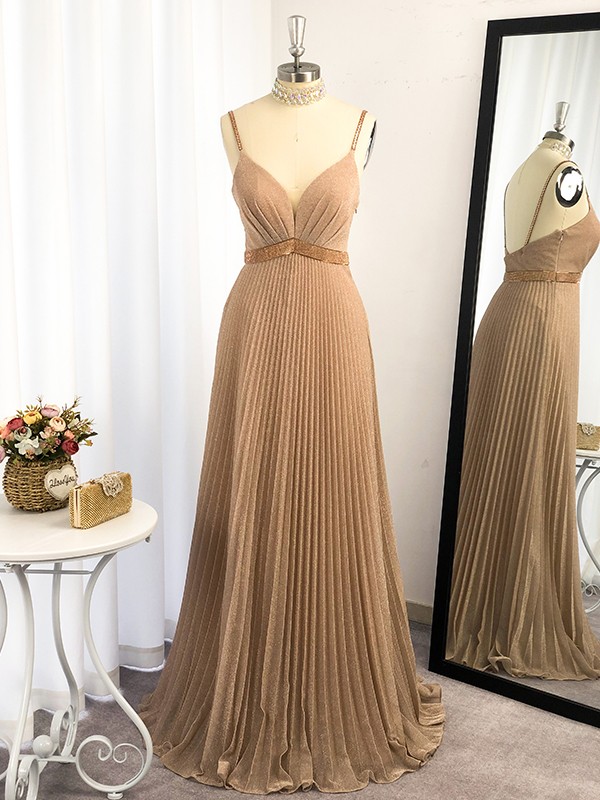 A-Line/Princess Ruffles Satin Spaghetti Straps Sleeveless Floor-Length Dresses,DS4417