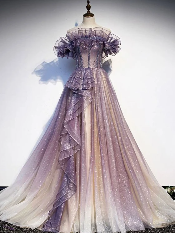 Purple Tulle Sequin Long Princess Dress Evening Gown Y5619 main image 1