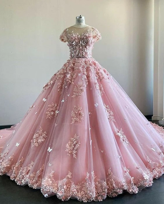 Pink lace long prom dress A line evening dress    cg21384