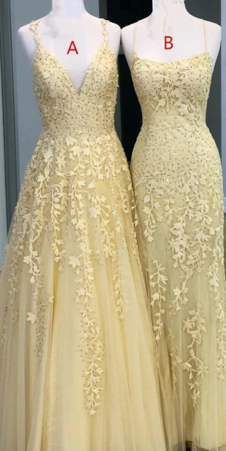 Charming Tulle V Neck Yellow Long Prom Dress, Appliques Formal Evening ...