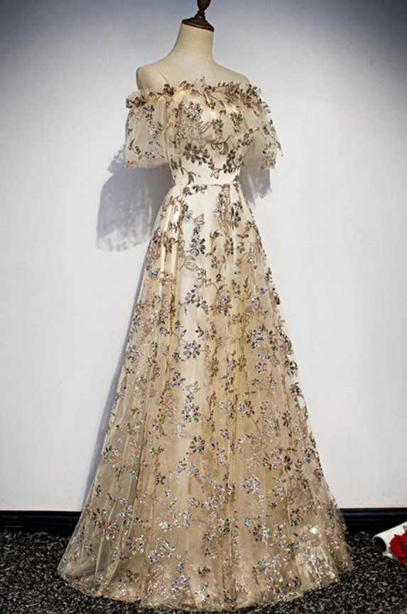 Gold Floral Printed Lace Off Shoulder Long Evening Dress, Prom Dress ...