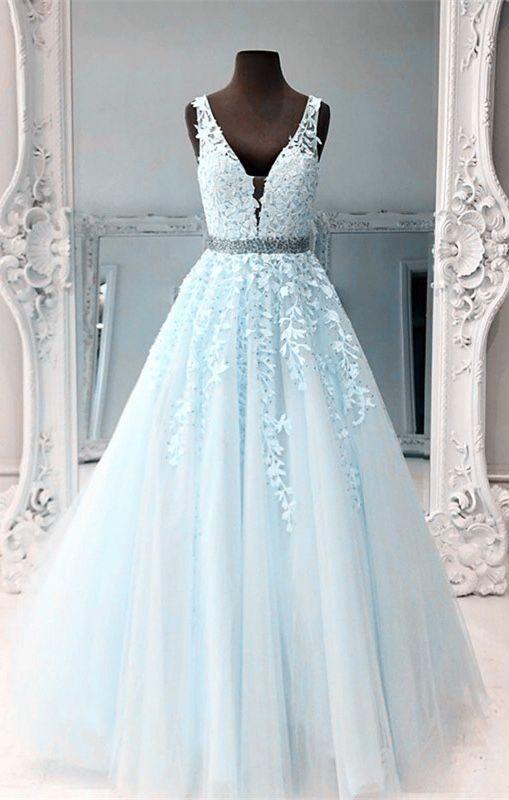 Light Blue Ball Gown Prom Dresses Lace Embroidery V Neck Formal Gown ...