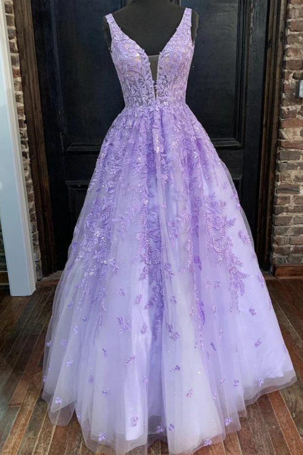 V Neck Purple Lace Long Prom Dress, Long Purple Lace Formal Dress ...