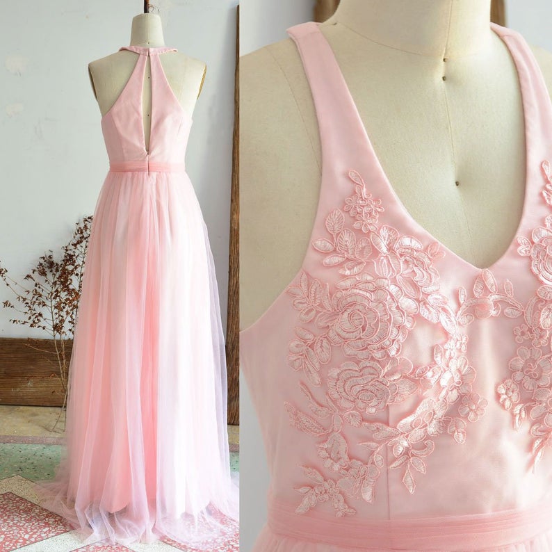 Long V-neckline Lace Applique and Tulle Bridesmaid Dress, Yellow Prom Dress Party Dress main image 0