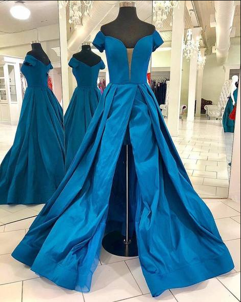 Chiffon Tassel Blue Cap Sleeve Prom Dress With Slit